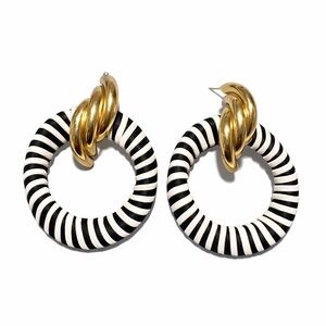 Black & White Striped Hoop Earrings with Gold Accent